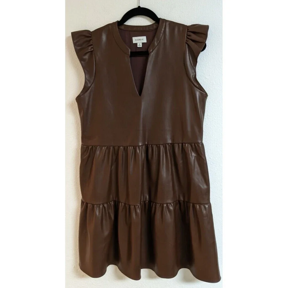 NEW~Women's EVEREVE Ella Brown Faux Leather Tiered Shift Dress M - Picture 2 of 12